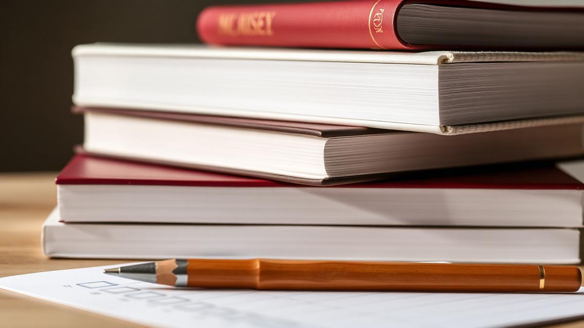 Livros de idiomas empilhados ao lado de folha de prova
