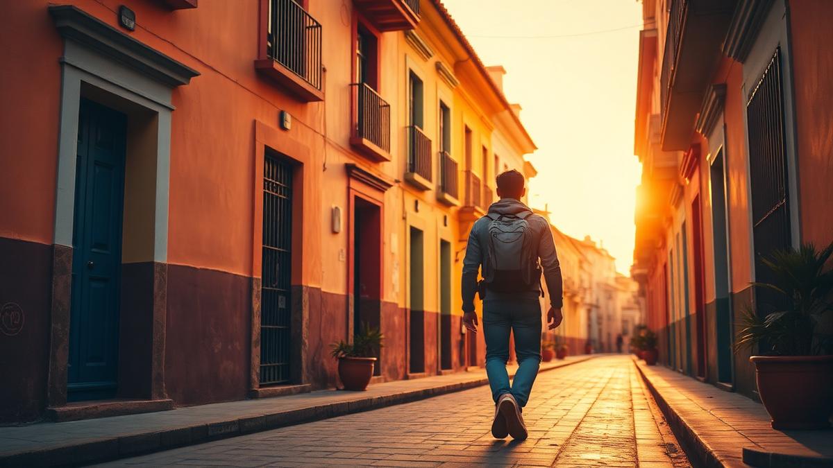 Viajante caminhando por rua colonial em cidade hispano-americana